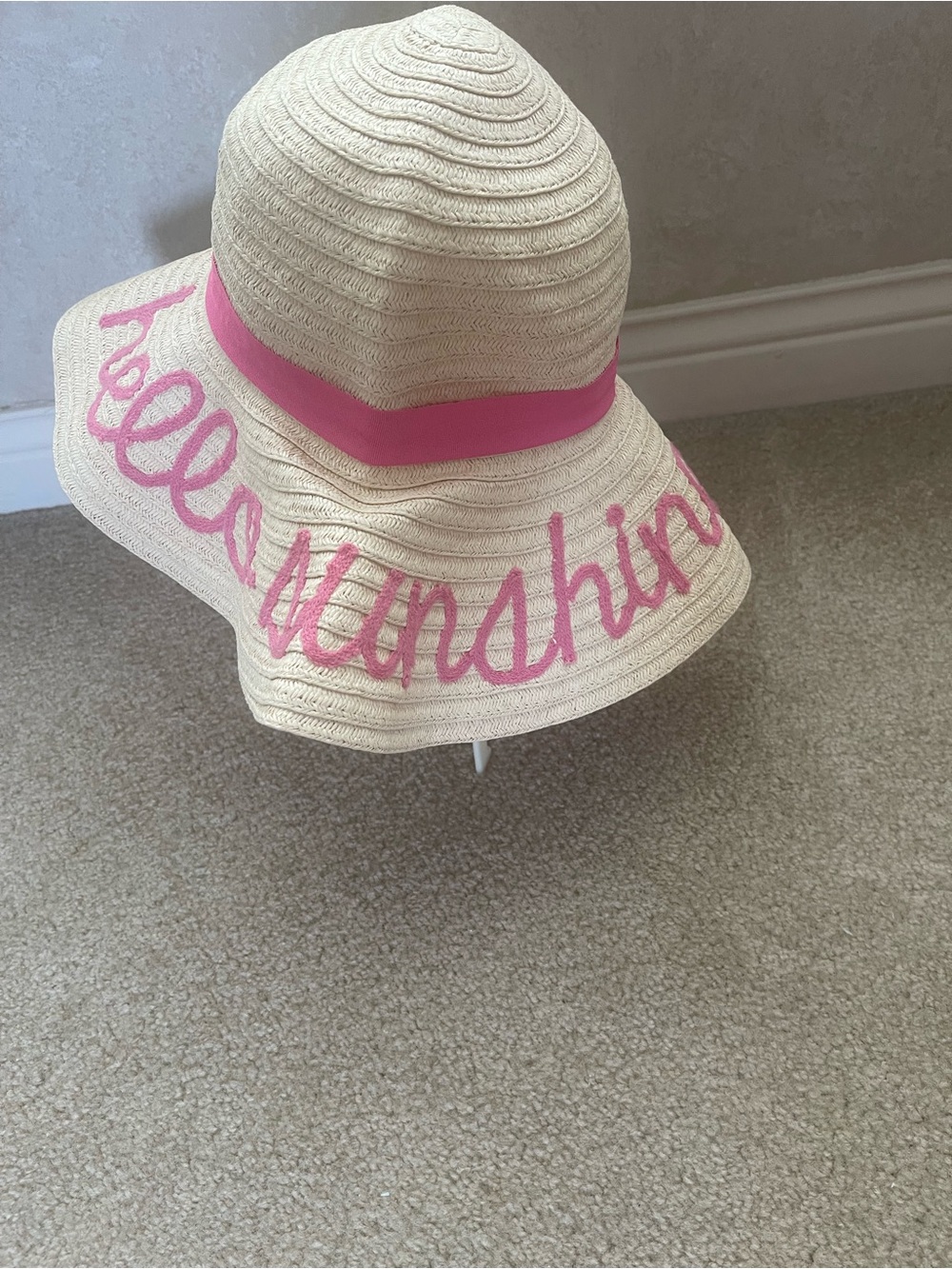 2 Floppy Straw Sun Hats with Pink Band and Pink 'Hello Sunshine' Trim